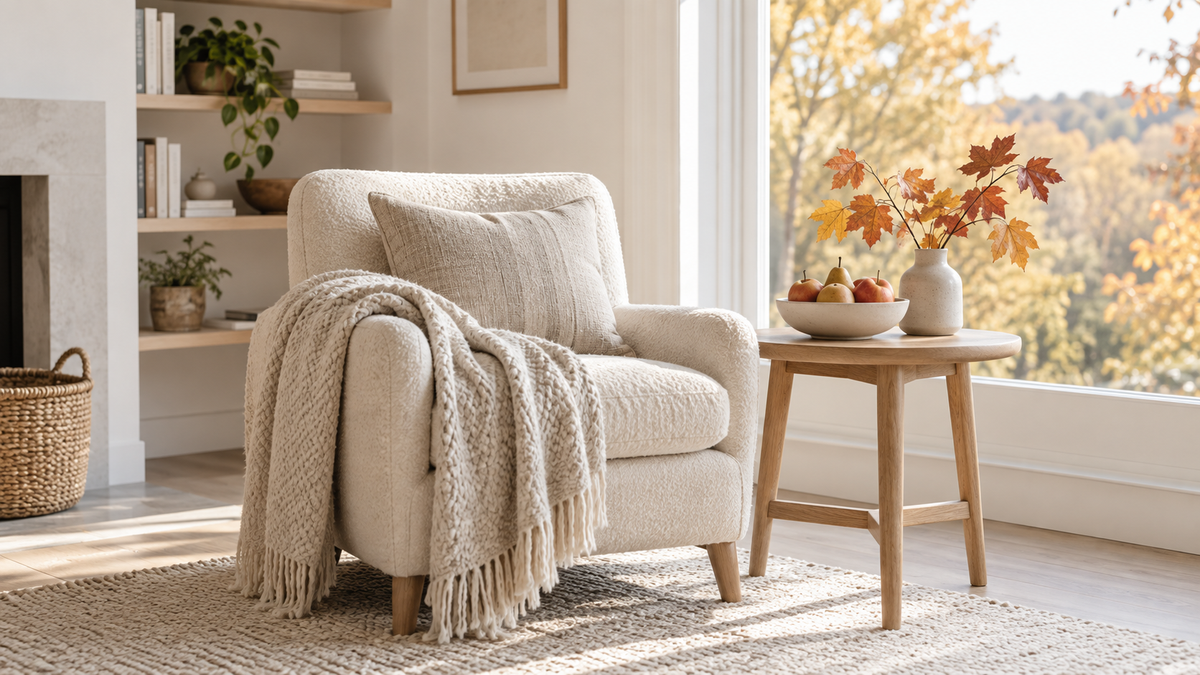 An autumn reading corner with a wool throw, apples and pears, and golden leaves beside a sunlit window.