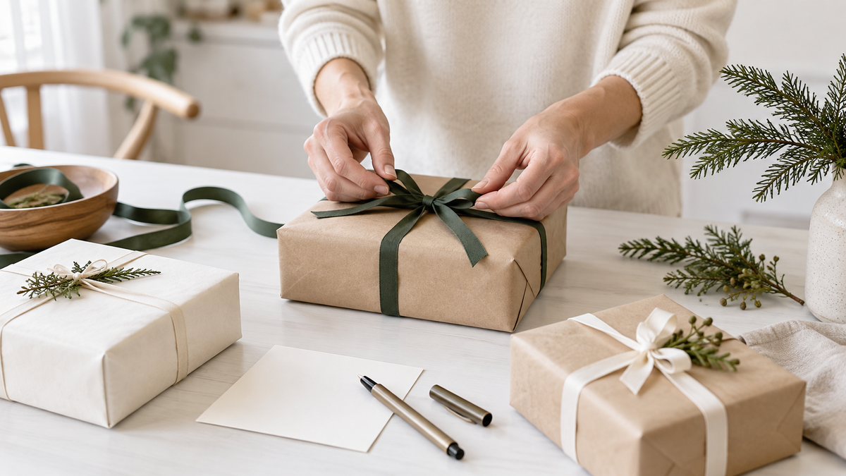 Hands tying a green ribbon around a wrapped gift beside ivory parcels, evergreen sprigs, and a blank note card.