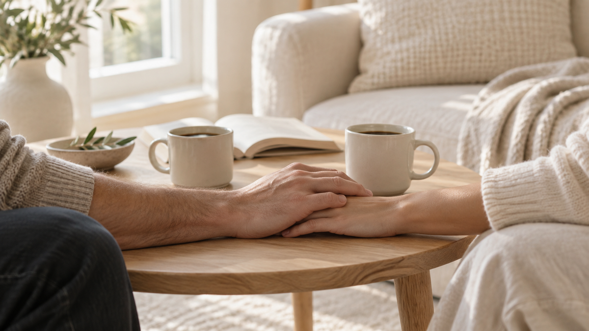 Two people resting their hands together beside coffee mugs and an open book in a softly lit sitting room.