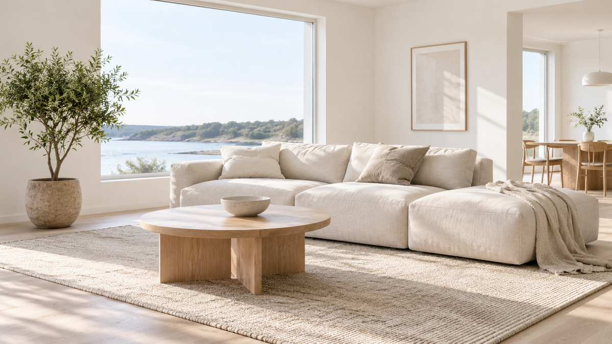 A bright Scandinavian living room with an ivory sofa, pale oak table, natural textiles, and uncluttered surfaces.