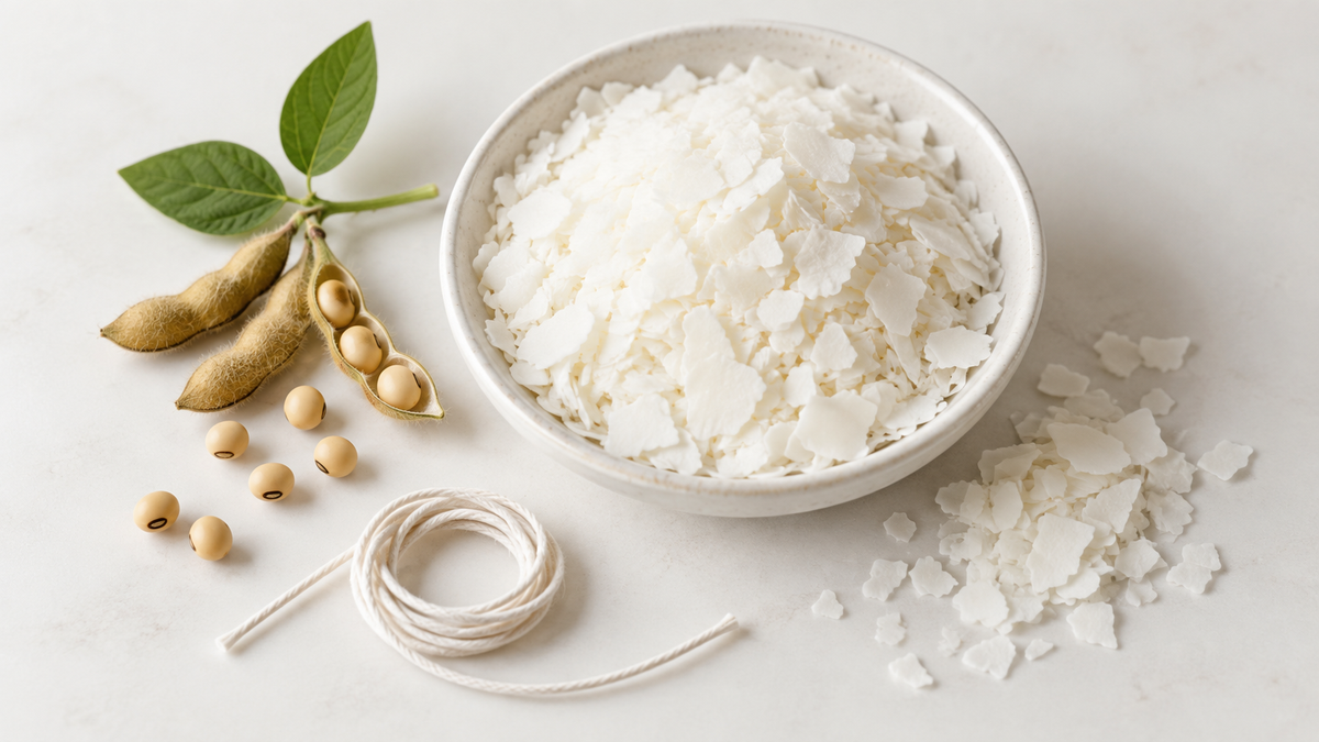 Soy wax flakes in a ceramic bowl with soybean pods, loose soybeans, and cotton wick cord on a pale surface.