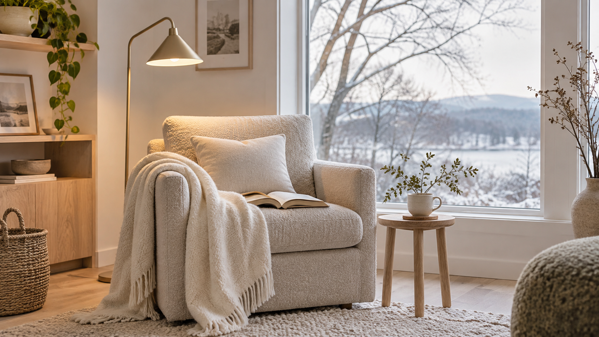A softly lit winter reading corner with an armchair, wool throw, open book, and tea beside a snowy window.