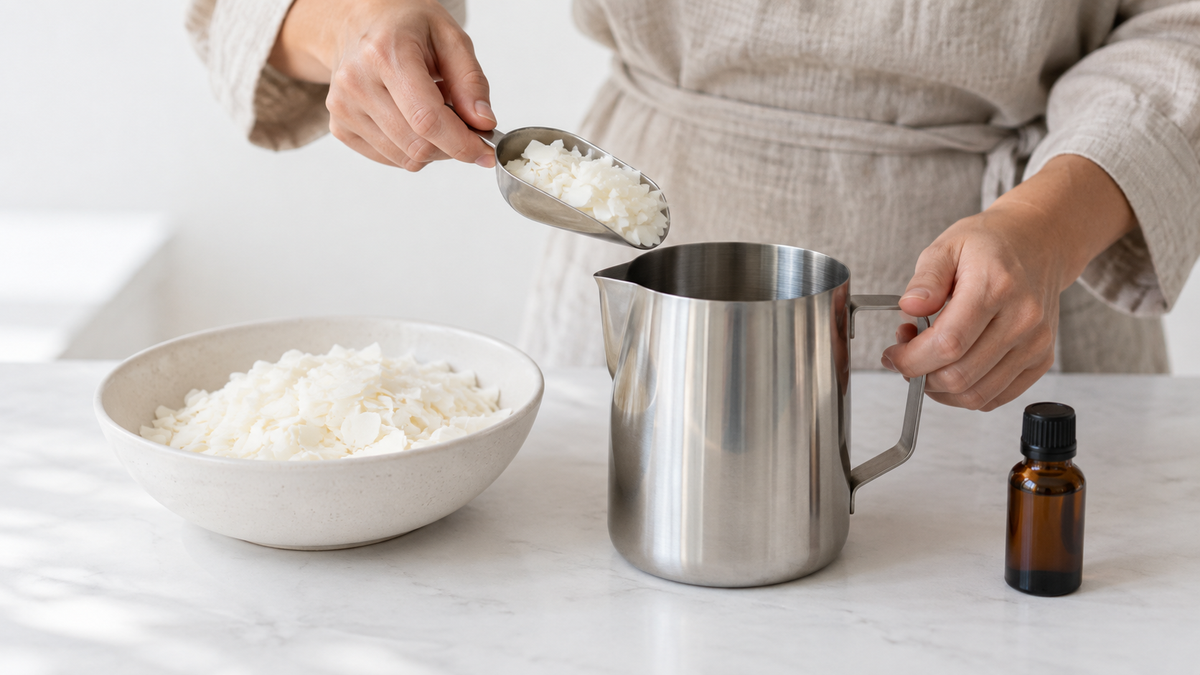 Hands scooping soy wax flakes into a stainless steel pouring pitcher beside a fragrance-oil bottle.