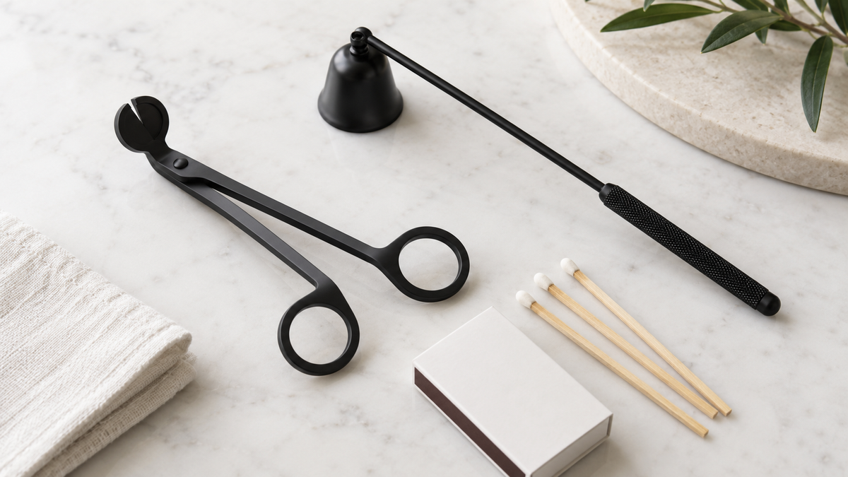 Black wick trimmer and snuffer beside white-tipped matches and a folded cloth.