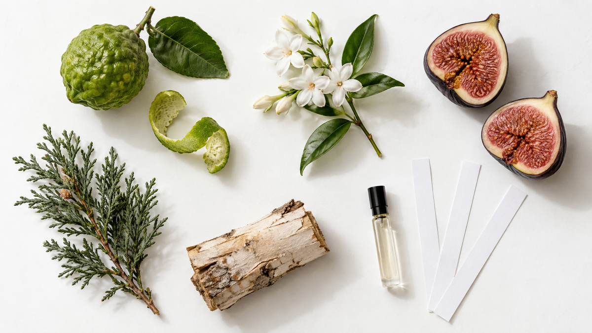 Citrus, jasmine, figs, cypress, and birch arranged beside fragrance-testing strips.