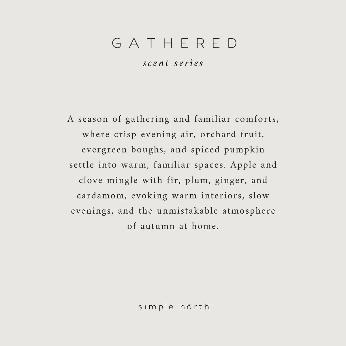 Gathered Scent Series fragrance description card.