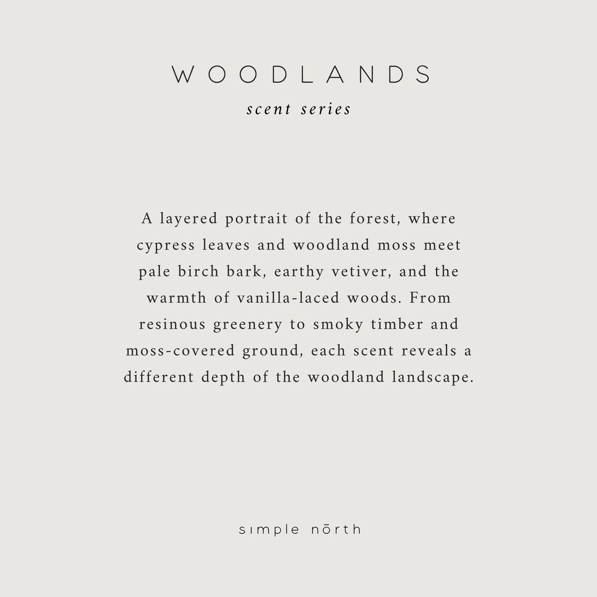 Woodlands Scent Series fragrance description card.
