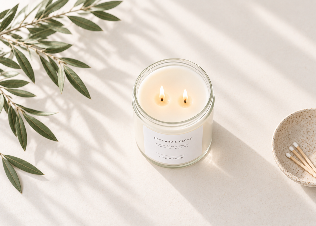 Simple North candle styled in a quiet natural setting
